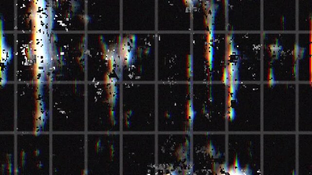 Retro VHS overlay grey grid pattern with scattered colorful chromatic aberration glitch artifacts