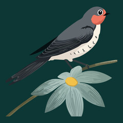 Obraz premium dark grey swallow bird character perched on a branch with a white daisy flower and green leaf decoration