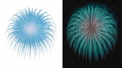 Side-by-side view of a blue spherical firework on white and a teal spherical firework in the night sky