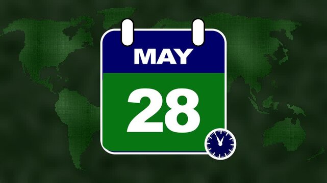 Calendar showing May 28th with a world map background and a clock date
