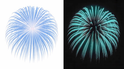 Split image showing a blue chrysanthemum firework on a white background and a teal chrysanthemum firework against a dark sky