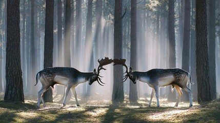 dominance. Two male deer with locked antlers in a misty forest. wildlife magazines, conservation campaigns, designed for wildlife conservation campaigns, promotes animal welfare.