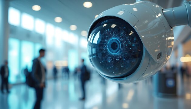 Close up view of security camera with digital eye. Illustration shows a modern CCTV in building lobby with people. Tech device of safety system in airport or mall