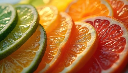 Illustration of citrus fruit slices close up. Colorful segments of orange lemon lime and grapefruit. Bright juicy fruits on white background for design.