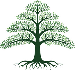 Fototapeta premium Green leafy tree vector illustration with layered branches and strong roots isolated on white background for nature growth and stability