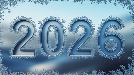 The year 2026 represented by frosted glass numbers with icy snowflake borders against a blurred background