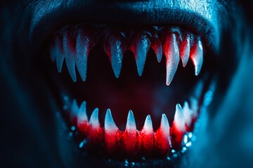 Detailed view of sharp, bloodied animal teeth, set against dark background. Intense lighting emphasizes texture and menacing mood. Neural network AI generated