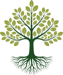 Obraz premium Green tree of life vector illustration with deep roots and lush leaves representing nature, family heritage, environmental growth, and sustainability.
