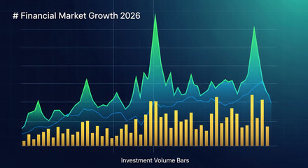 Illustration of financial data graph with line and bar charts on blue grid, representing financial growth, investment, market trend, future forecast