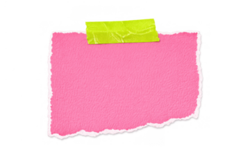 Pink torn paper square with crumpled green adhesive tape on top, concept of message, reminder, or note element