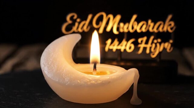 Islamic crescent moon candle with 'Eid Mubarak 1446 Hijri' text, celebrating the Islamic New Year