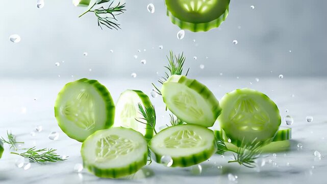 Fresh cucumber and dill slices floating with water droplets on marble surface