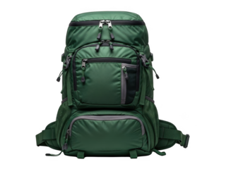 A green hiking backpack with multiple zippered compartments and mesh pockets isolated on a transparent background