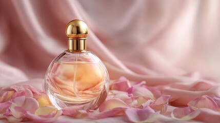 A bottle of perfume sitting on a bed of petals