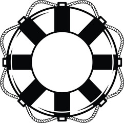 Lifebuoy silhouette illustration, nautical safety ring with rope, maritime rescue symbol, black and white vector design isolated