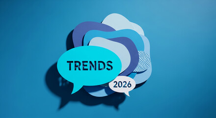 Graphic of speech bubble shapes in blue tones, with the word TRENDS and year 2026, representing forecast, future, and modern business perspective