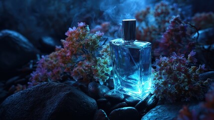 A bottle of perfume sitting on a rock