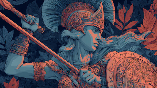 Beautiful Athena Goddess of Mythology carrying a golden Shield and Spear in a classic Greek warrior illustration with intricate armor and helmet set against a lush nature background
