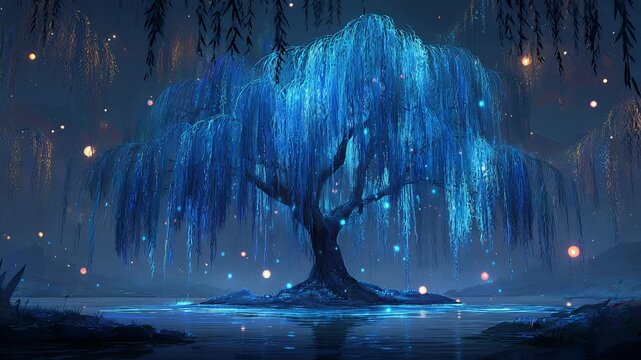 Magical glowing willow tree in a mystical night landscape