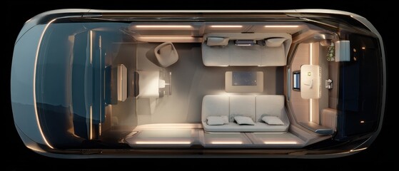 A car with a bed and a chair inside