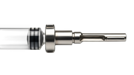 Close up of a medical syringe plunger with markings on a clear glass barrel isolated on a transparent background