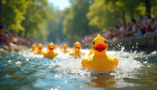 Yellow rubber ducks compete in a race on a river. Summer outdoor activity involves many ducks. Community event provides fun for kids. Spectators watch the playful contest.