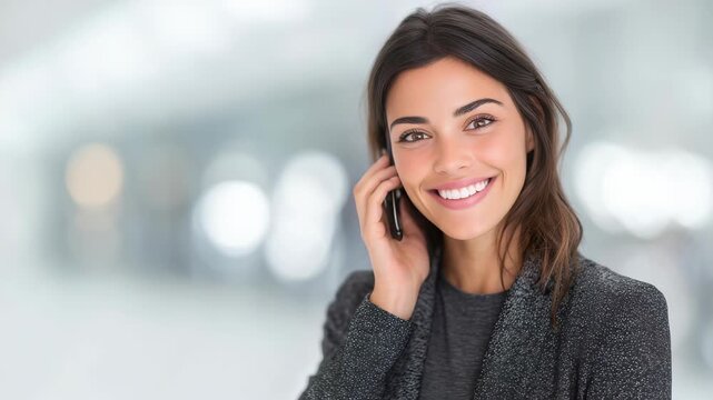 Confident young businesswoman smiling while talking on smartphone in modern office environment. Professional woman enjoying a pleasant phone conversation during a busy workday
