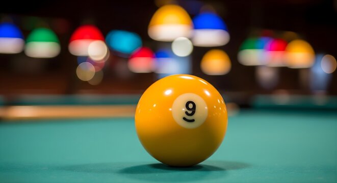 Yellow billiard ball number nine on green felt pool table close up with colorful lights in background at billiard hall and leisure activity for recreation