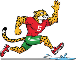 Athletic cheetah mascot character running fast in red jersey and green shorts, representing speed, sports performance, competition, and agility, isolated.
