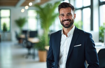 Fototapeta premium Smiling man in dark suit stands in modern office with green plants. He has dark hair and beard. Businessman looks confident and happy in bright workplace, ready for work.