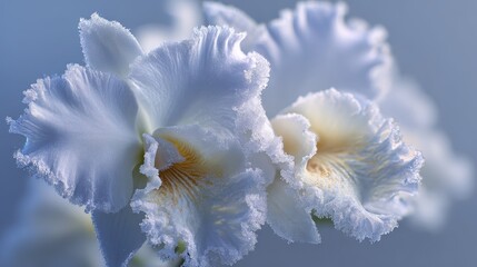 A close up of a white flower with a blue background