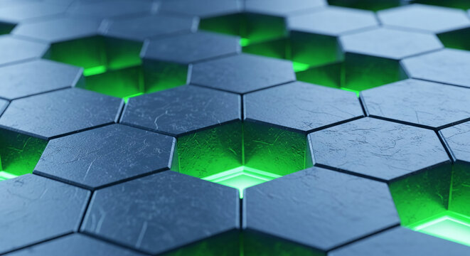 Close-up of hexagonal pattern with textured surface and green light. It shows connection, network and innovative technology concept - Powered by Adobe