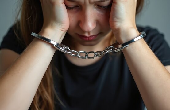 Young woman with hands cuffed on gray background. Teenager feels sad, holds head in hands. Juvenile criminal justice issue, youth crime and detention concept.