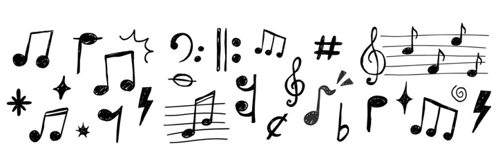 Music notes crayon chalk pencil elements in sketch style seamless border. Grunge texture. Whimsical music symbols, signs design element. 