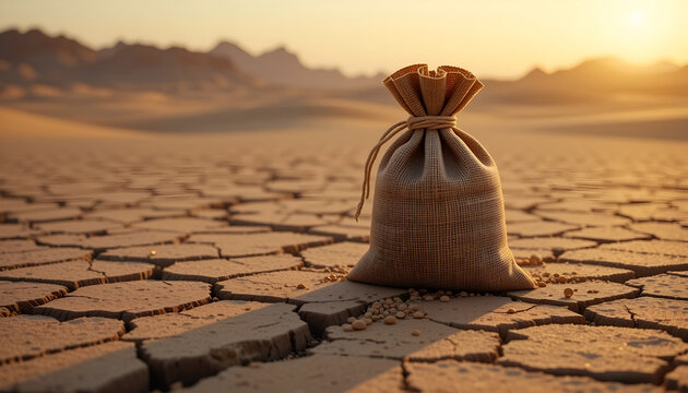 Economic crisis and financial survival concept with money bag on dry cracked desert ground for global recession news banner