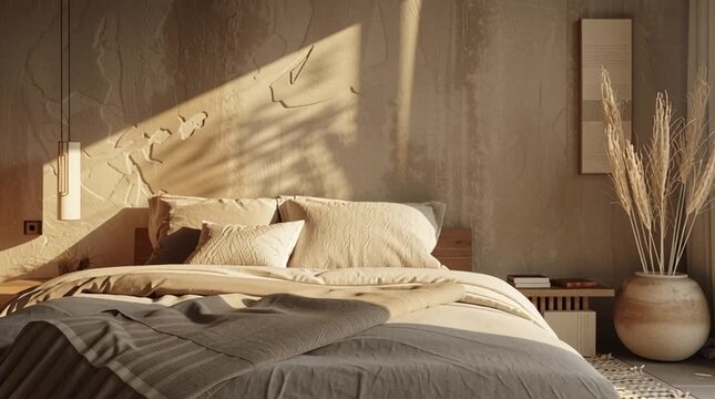 STWO style monochrome bedroom, layered tactile textures, plaster walls, linen bedding, sculptural bedside tables, soft shadows, muted beige palette, quiet luxury aesthetic, ultra realistic interior