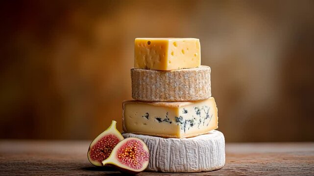 Assorted artisan cheeses with fresh figs on rustic wooden table