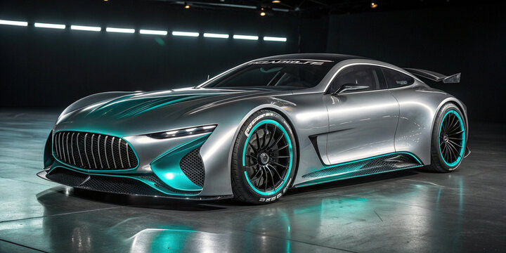 futuristic silver sports car with teal accents indoor concept design