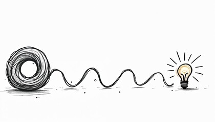 Tangled messy line ball represents complex problem challenge. Winding path connects to shining light bulb. Visualizes process of discovery, creative thinking, problem solving, finding simple solution