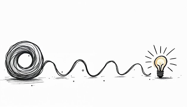 Tangled messy line ball represents complex problem challenge. Winding path connects to shining light bulb. Visualizes process of discovery, creative thinking, problem solving, finding simple solution