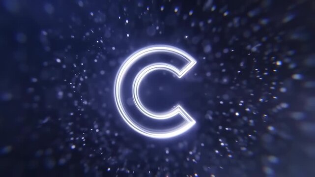 Glowing white letter "C" against a dark blue, particle-filled backdrop