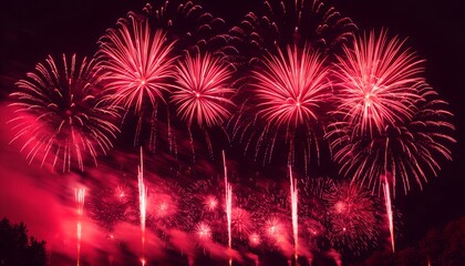 Vibrant red fireworks exploding in the night sky