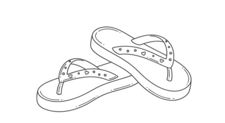 Outline of two flip flop sandals with heart and star patterns on the straps isolated on a transparent background