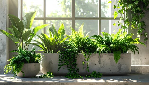 Lush green plants in concrete planters by a large window