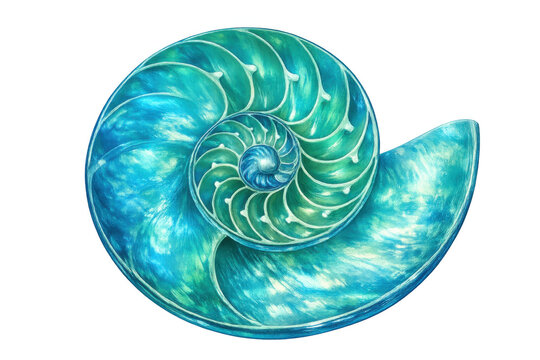 Nautilus shell cross-section illustrating natural spiral pattern and fibonacci sequence, golden ratio concept, transparent background