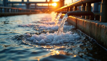 Water flows from pipes into aeration tanks at wastewater treatment facility during sunset. Bubbles form on surface, indicating purification process. Scene shows industrial water treatment,