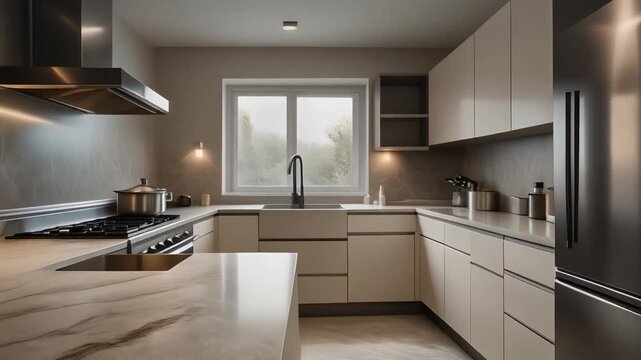 Modern kitchen interior with sleek appliances and marble countertops viewed from the side