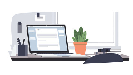 A contemporary and productive workspace with a laptop on a clean desk, highlighting the efficiency of remote work and digital communication in a comfortable setting