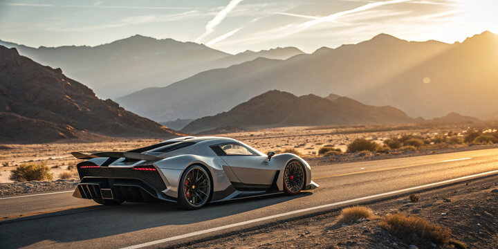 sunset desert highway sports car speed motion landscape aerodynamics performance travel adventure