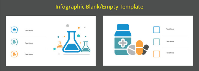 Business icons and science lab flasks with medical pills template